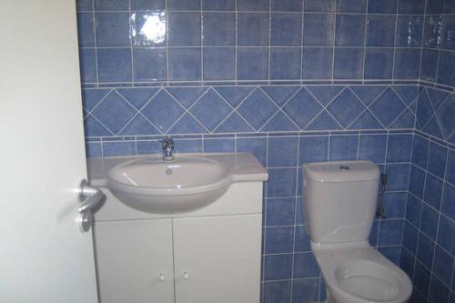 ポルト・ヴェッキオにあるVILLA LES NACRES A 400 MT DAL MAREの青いタイル張りのバスルーム(洗面台、トイレ付)
