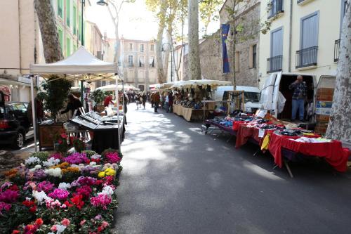 an outdoor market with tables and flowers on a street at Maison des Remparts in Céret