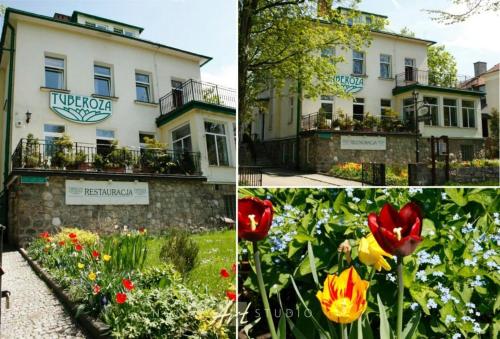 tres fotos de un hotel con flores delante en Tuberoza, en Zakopane