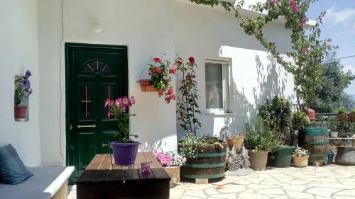 a house with a green door and lots of potted plants at Village House in Liapades