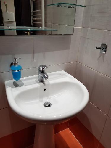 a white sink in a bathroom with a mirror at Christi Apartments Α&Β in Kokkíni Khánion