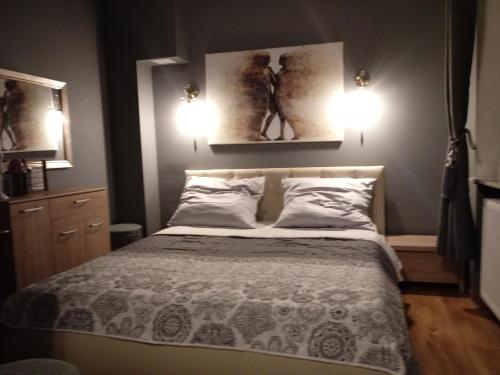 sypialnia z łóżkiem z dwoma światłami na ścianie w obiekcie apartament Fanaberia w Zwierzyńcu