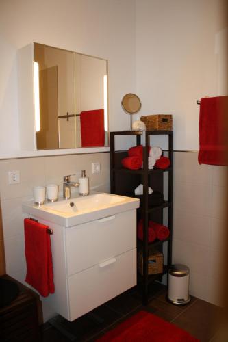 a bathroom with a sink and a mirror and red towels at Ferienwohnung "Ausblick" in Rötz