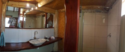 a bathroom with a sink and a shower with a mirror at TNiqua Stable Inn in Plettenberg Bay