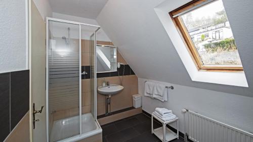 a bathroom with a shower and a sink and a window at Achilleon III in Geesthacht
