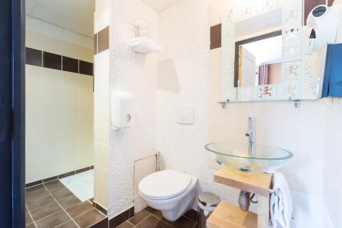 a bathroom with a toilet and a glass sink at Contact Hôtel Le Relais de Vellinus in Beaulieu-sur-Dordogne