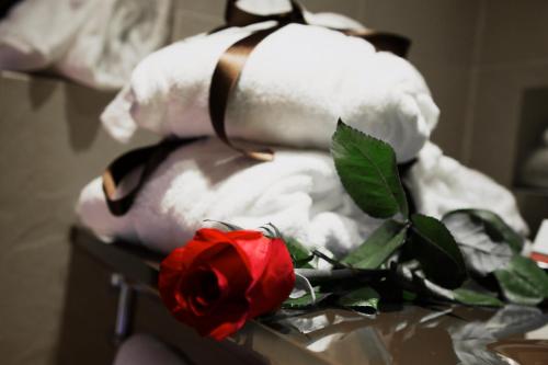 a teddy bear and a red rose on a table at UNAHOTELS Villa dei Platani Foligno in Foligno