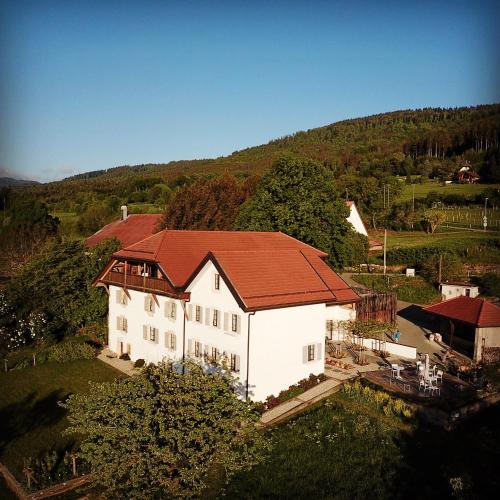 an aerial view of a white house with a red roof at La Ferme de la Praz - Rooms with a View in La Praz