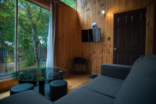 uma sala de estar com um sofá e uma mesa de vidro em Cabañas Huilipan em Valle Las Trancas