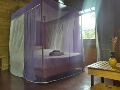 a bedroom with a canopy bed with purple curtains at Chalés Savi in Vale do Capao