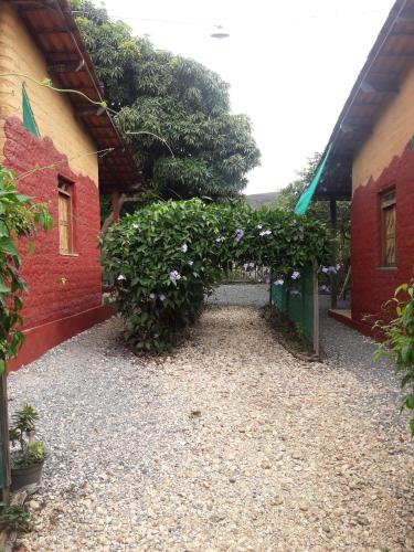 a courtyard of a house with a hedge with purple flowers at Chalés Savi in Vale do Capao