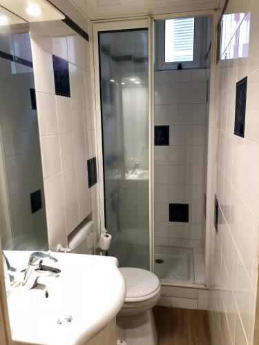 une salle de bain avec une douche, des toilettes et un lavabo dans l'établissement Appartement VALENTINE, à Trouville-sur-Mer