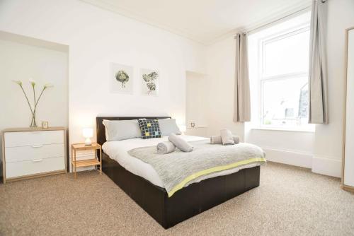 a bedroom with a large bed and two windows at Stafford Modern Apartment in Aberdeen