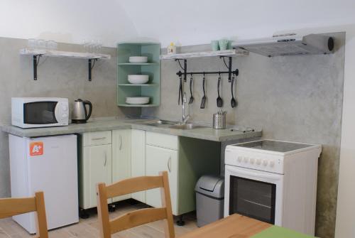 a small kitchen with a stove and a microwave at Jüstel apartment in Litoměřice