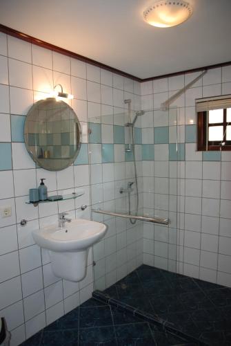 a bathroom with a sink and a shower and a mirror at Mirador Apartments in Willemstad