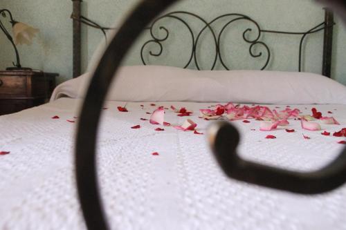 a pile of rose petals on a bed at Il Melicucco in Furci Siculo
