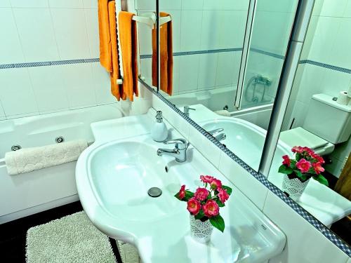 La salle de bains est pourvue d'un lavabo et de fleurs dans un miroir. dans l'établissement Apartment Labruge, à Praia de Angeiras