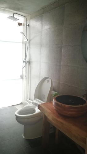 a bathroom with a white toilet and a sink at Green Hostel & Sunny Guesthouse in Yuanyang