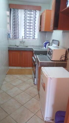 uma cozinha com um fogão, um lavatório e um frigorífico em Ash house 2 em Nairobi