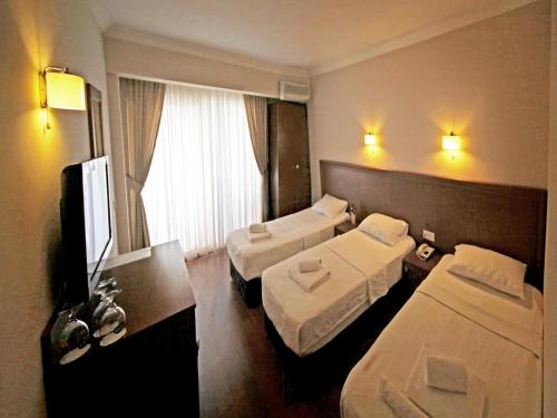a hotel room with two beds and a television at Ucem Hotel Golden Sea in Altınoluk