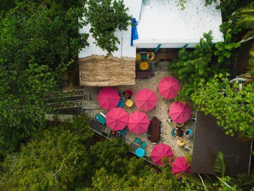 an overhead view of a patio with pink umbrellas at Dots Bay House in Hiriketiya