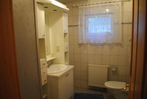 a bathroom with a sink and a toilet and a window at Apartment Maierhof in Flirsch