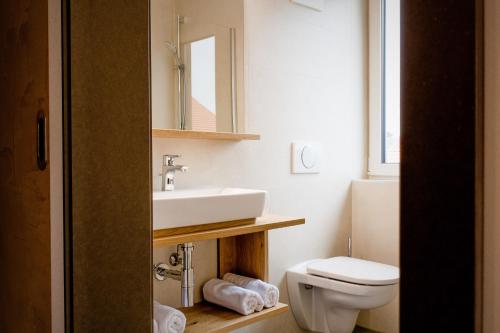 uma casa de banho com um lavatório e um WC em Hotel z'Leithen em Weng im Innkreis