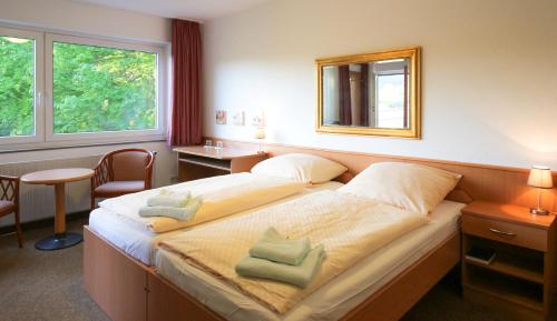 a bedroom with two beds and a mirror on the wall at HARZ HOTEL und Gästehaus am Bornweg in Bad Sachsa