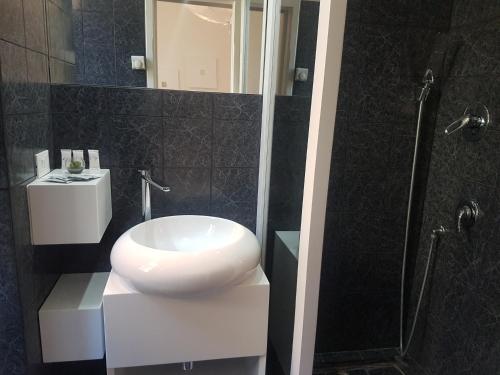 a bathroom with a white sink and a shower at Hotel Mignon in Trieste