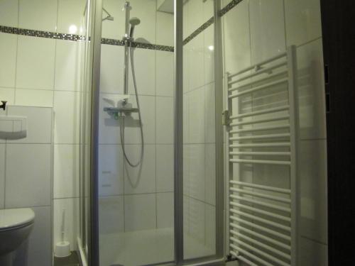 FriedrichsgabekoogにあるHaus-Deichläuferのバスルーム(ガラスドア付きのシャワー付)