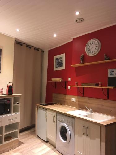 une cuisine avec une machine à laver et un évier dans l'établissement Résidence Eugénie 2 Pièces Cosy au Calme, à Cauterets