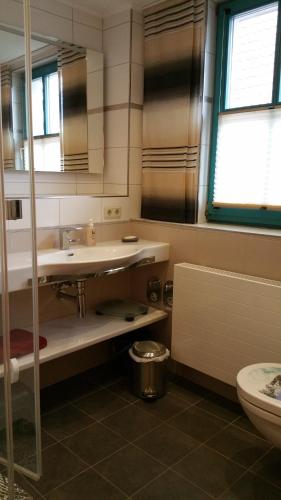 ein Bad mit einem Waschbecken und einem WC in der Unterkunft An der Seebrücke in Boltenhagen