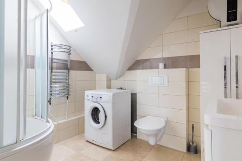a bathroom with a washing machine and a toilet at Apartmány Fojtova studna in Sedlec
