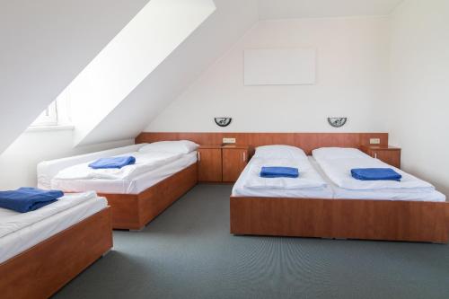 Cette chambre mansardée comprend 3 lits. dans l'établissement Apartmány Fojtova studna, à Sedlec