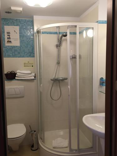 a bathroom with a shower and a toilet and a sink at APARTAMENT 345 w Domu Zdrojowym - Jastarnia in Jastarnia