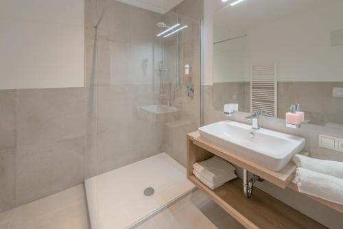 a bathroom with a sink and a shower at Vineus Tramin in Termeno