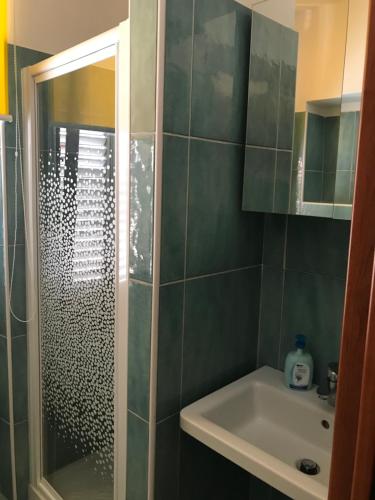 La salle de bains est pourvue d'une douche et d'un lavabo. dans l'établissement Joseph Apartment, à San Benedetto del Tronto