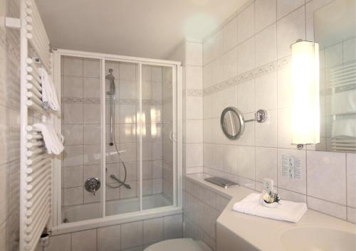 a bathroom with a shower and a toilet and a sink at Smarthotel Gallmersgarten in Gallmersgarten