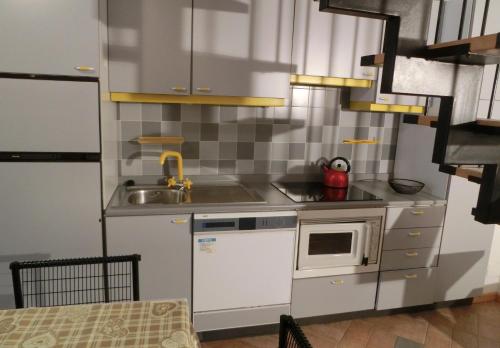 una pequeña cocina con fregadero y microondas en Alberti - Condominio Villa Golf, en Madonna di Campiglio