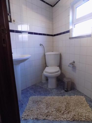 a bathroom with a toilet and a sink and a rug at Casa da Venda in Covide