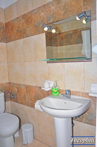 a bathroom with a sink and a toilet and a mirror at Theophili in Zefiría