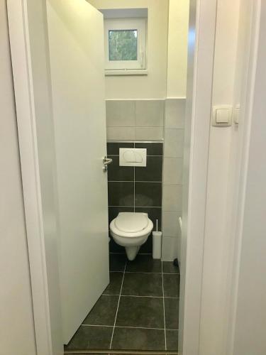 a bathroom with a toilet and a window at Geri Apartman in Mezőkövesd
