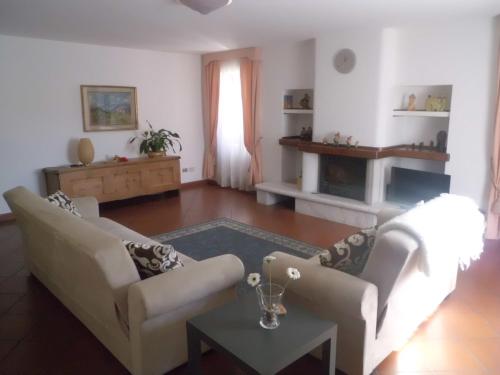 a living room with two couches and a fireplace at Affittacamere Ca' Fattorini in Baceno