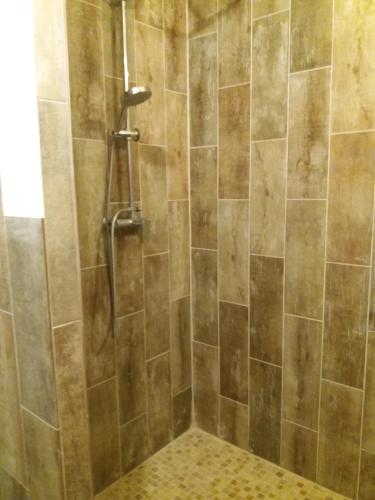 La salle de bains est pourvue d'une douche avec du carrelage brun. dans l'établissement Le Nautilus - 2 adultes 3 enfants - Canet Plage - Vue Mer - Place Mediterranée, à Canet