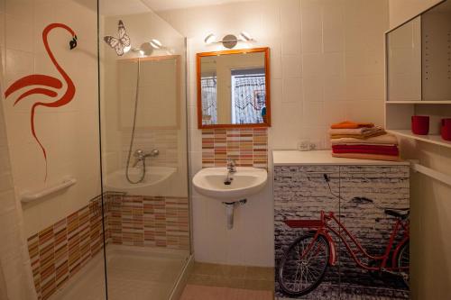 a bathroom with a sink and a shower with a bike on the wall at Apartamento Marina in Puerto del Carmen