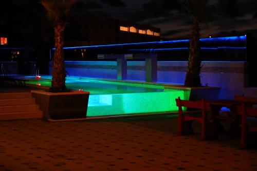 a swimming pool lit up at night with palm trees at Boutique Apartments Ad Astra in Bibinje