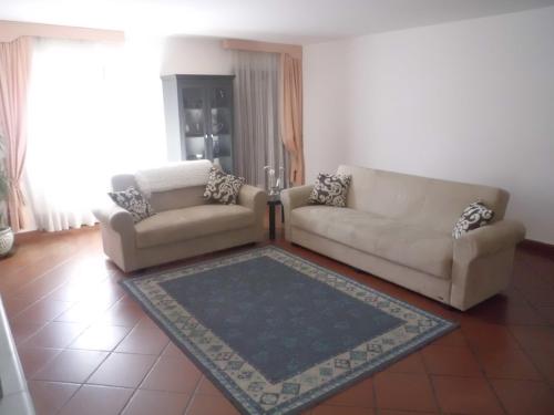 a living room with two couches and a rug at Affittacamere Ca' Fattorini in Baceno