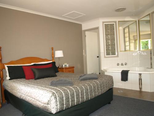 a bedroom with a bed and a tub and a sink at Old Coach Motor Inn Echuca in Echuca