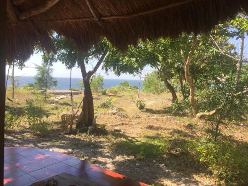 a view of the ocean from a hut with a tree at Oro Beach Houses in Weetebula