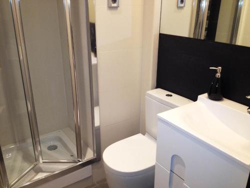a bathroom with a toilet and a shower and a sink at Barcelona Fifteen central Aparthotel in Barcelona